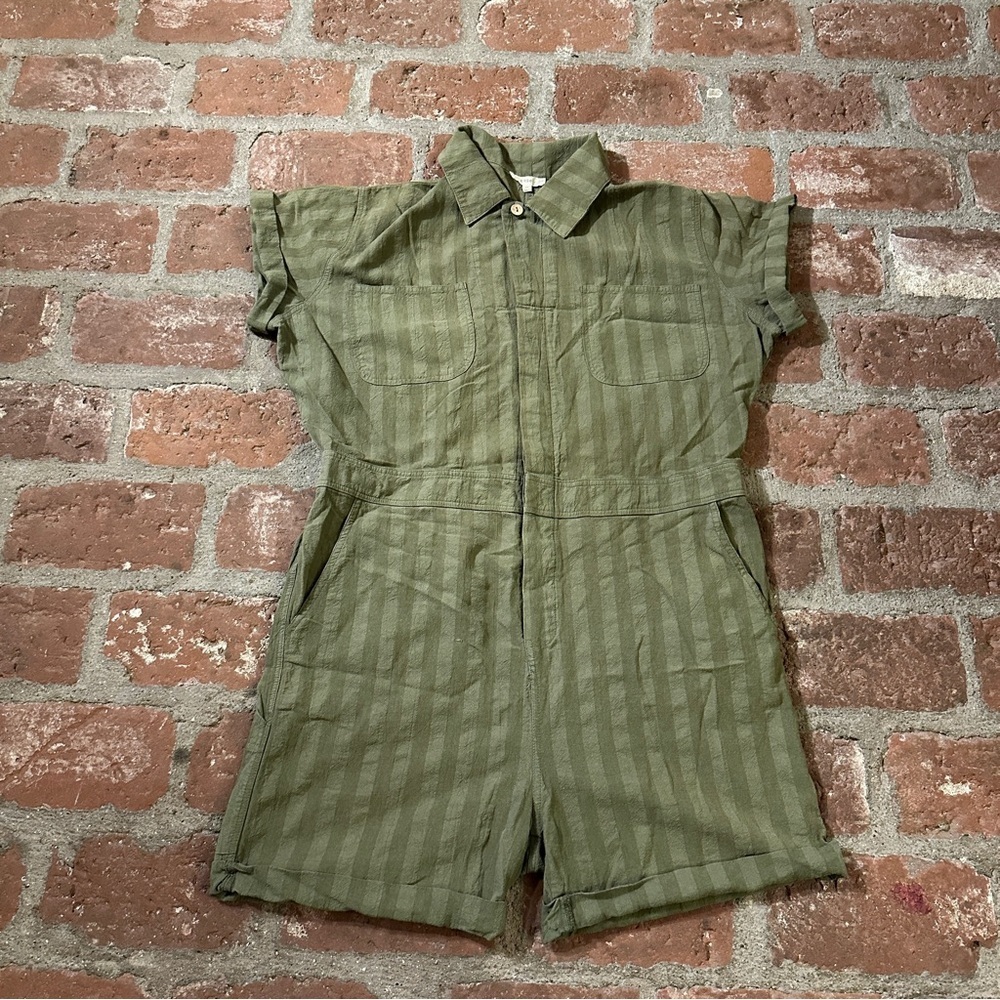 Easel Safari Utility Military Cotton Romper Jumpsuit Olive Green Striped Medium - Picture 7 of 15